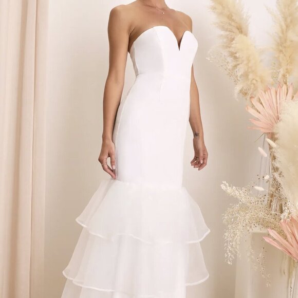 NWT Lulus Forever Passionate White Organza Strapless Tiered Maxi Dress​ - Picture 3 of 8